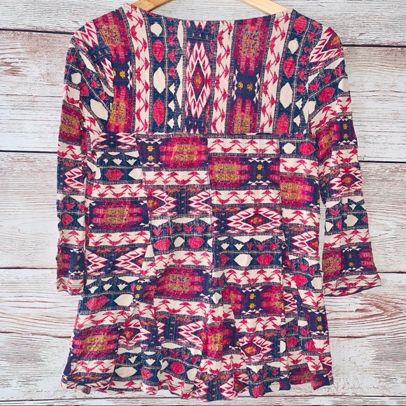 Lucky Brand Boho Ethnic Multicolored 3/4 Sleeves Blouse Top Small 100% Viscose - Picture 2 of 4